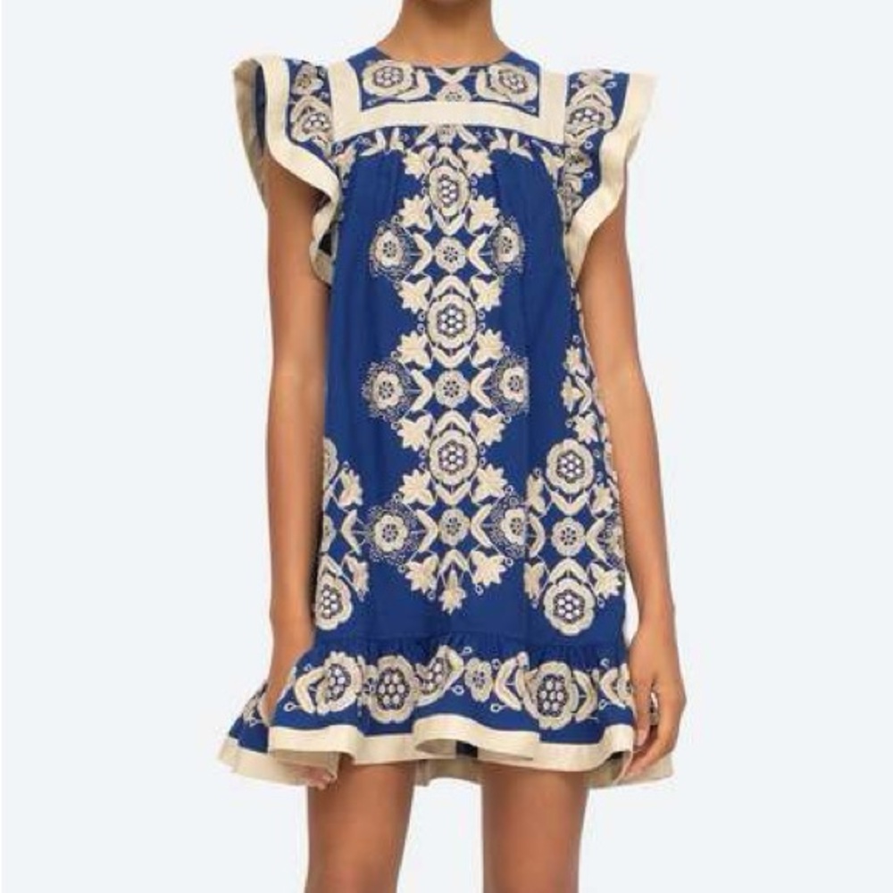 Sea NY Embroidered Indigo Blue Manuela Tunic Mini Dress M - Picture 12 of 13